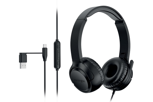Casti Kensington EQ H950 On-Ear, reglabile, microfon cu anulare sunet inclus, cu fir 180 cm, conexiune duala USB-C/USB-A, negru